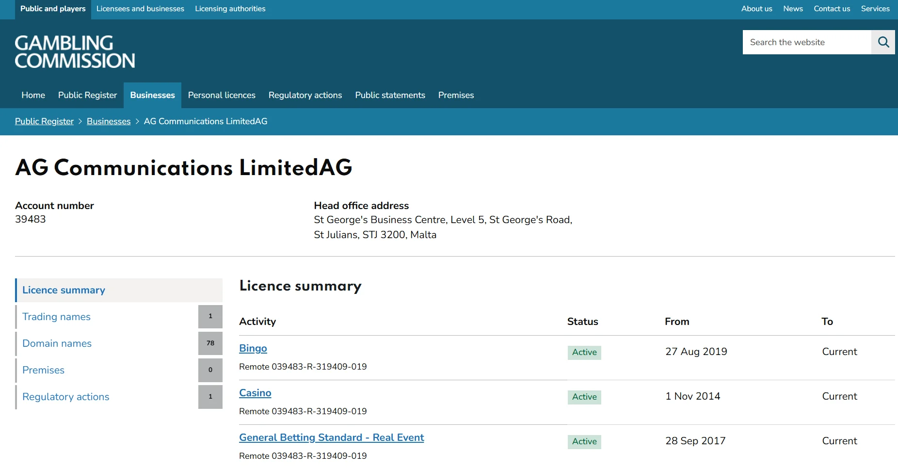 AG Communications Limited account 39483 in the UK Gambling Commission register